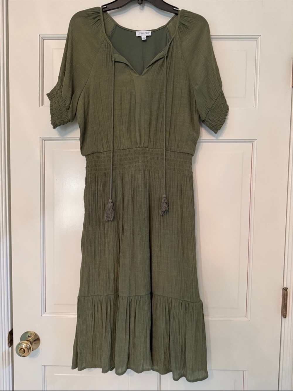 Luxology Olive Green Midi Dress with Tassel Tie